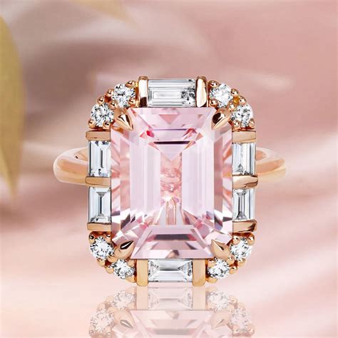 8 4ct Halo Emerald Cut Morganite Pink Sapphire Engagement Ring SayaBling