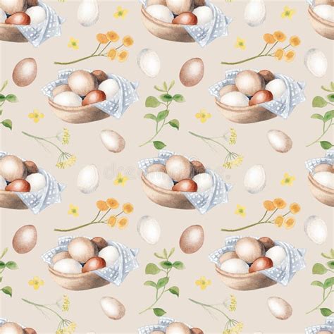 Watercolor Hand Drawn Rural Seamless Pattern With Hen Goose And Eggs