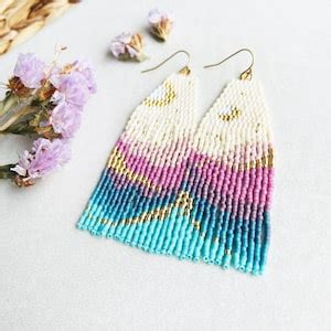 Turquoise Sunset Mountain Earrings Seed Bead Earrings Handwoven