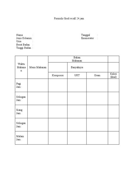 Formulir Food Recall 24 Jam Pph Pdf