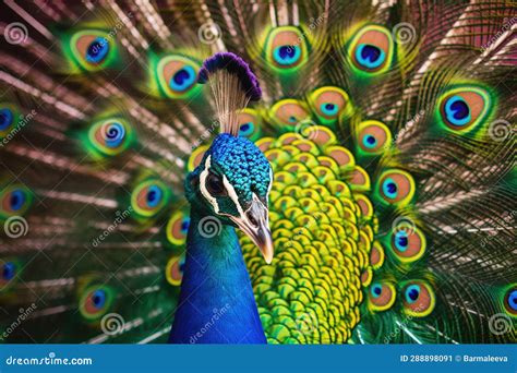 Peacock With Open Tail Close Up Shot Of A Peacocks Colorful Plumage