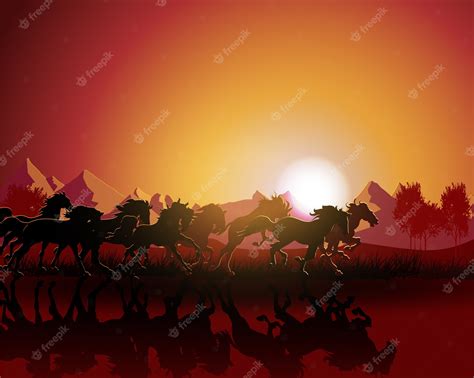 Premium Vector | Horse silhouette on sunset background.