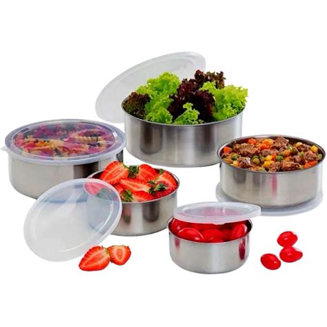 Kit Conjunto 5 Potes Vasilhas Tigelas Inox Tampas Para Armazenar