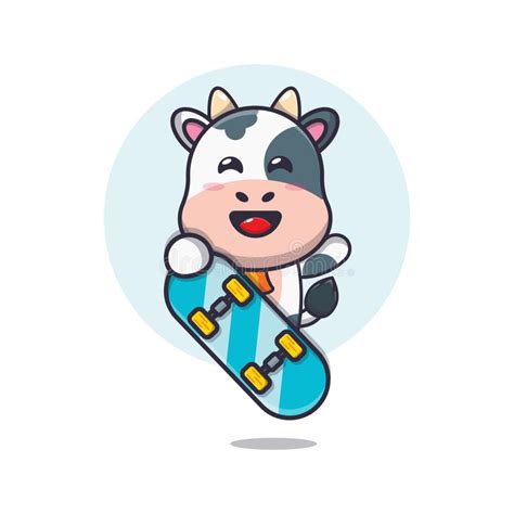 Cute Cow Mascot Cartoon Character With Skateboard Stock Vector