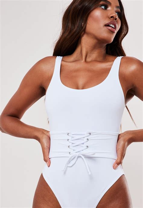 White Corset Waist Scoop High Leg Swimsuit Missguided High Leg