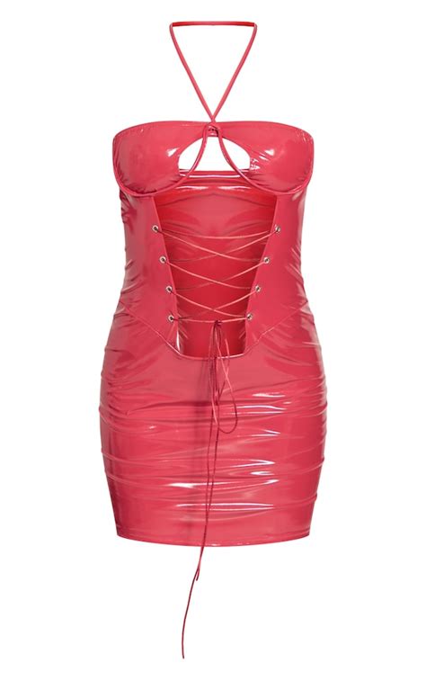 Red Vinyl Underwired Lace Up Bodycon Dress Dresses Prettylittlething