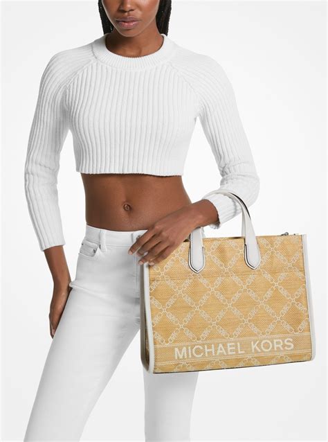 Michael Michael Kors Gigi Large Empire Logo Jacquard Straw Tote Bag