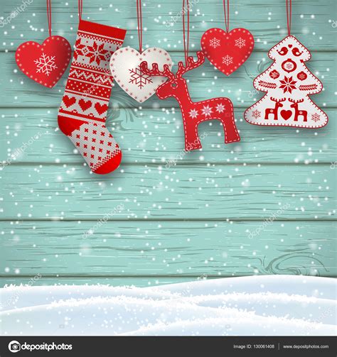 Christmas folklore decorations hanging in front of blue wooden wall, illustration Stock Vector ...