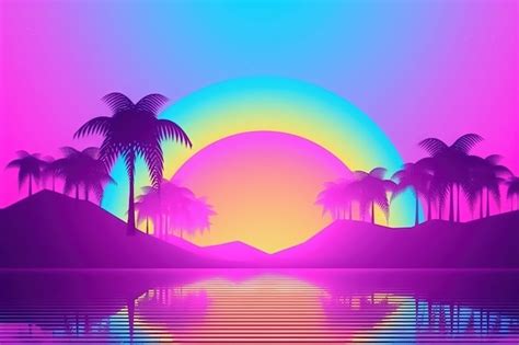 Palmen Und Regenbogenlandschaft Der 80er Jahre Im Vaporwave Stil