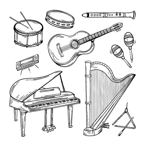 Set musical instruments hand drawn style. Vector black and white doodle illustration 12721565 ...