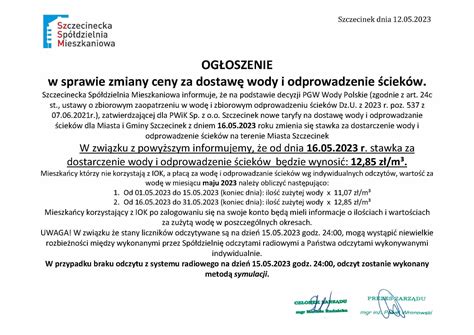 Szczecinecka Spółdzielnia Mieszkaniowa Zmiany ceny za dostawę wody i