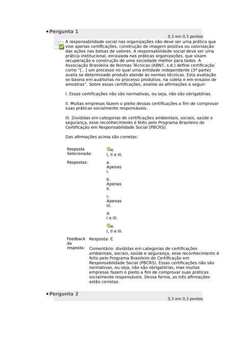 Question Rio Ii Responsabilidade Social Nas Organiza Es Pergunta