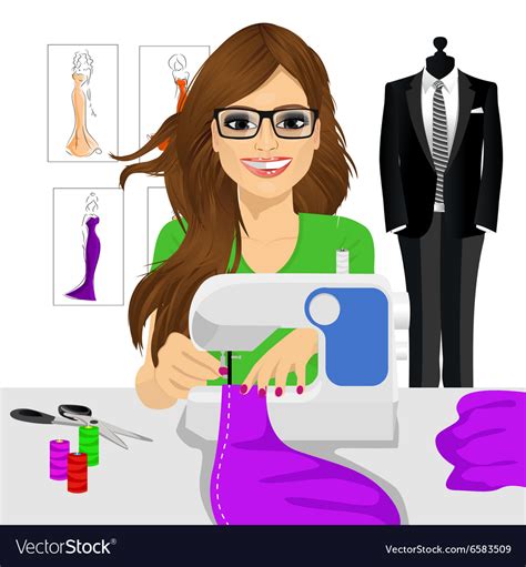 Dressmaker Woman Using Sewing Machine Royalty Free Vector