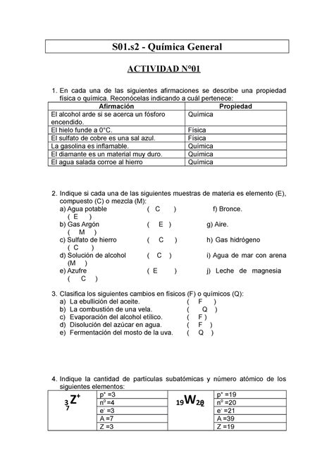 S01 Pppp S01 Química General Actividad N° En Cada Una De Las Siguientes Afirmaciones Se