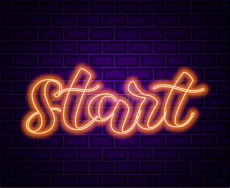 Brick Background Start Neon Lettering Vector Illustration Stock