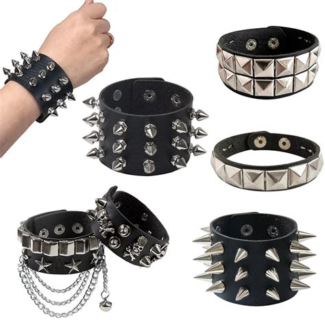 Vintage Black Leather Bracelet Three Row Cuspidal Spikes Rivet Stud