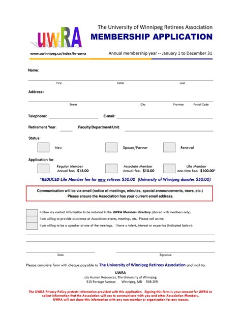 Fillable Online Uwinnipeg Membership Application Form University Of