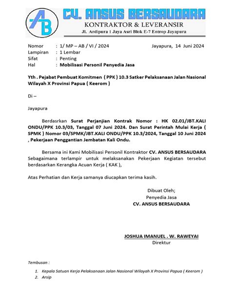 surat mobilisasi personil kontraktor