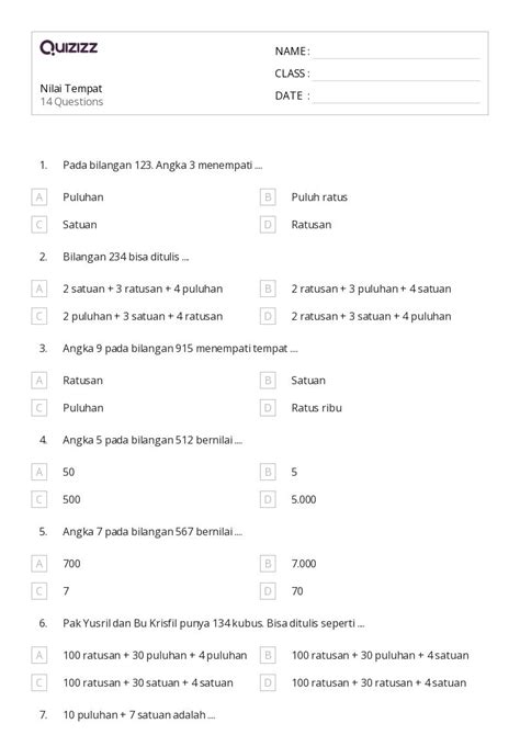 50 Lembar Kerja Nilai Tempat Desimal Untuk Kelas 1 Di Quizizz Gratis