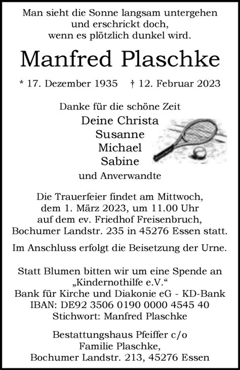 Traueranzeigen Von Manfred Plaschke Trauer In NRW De