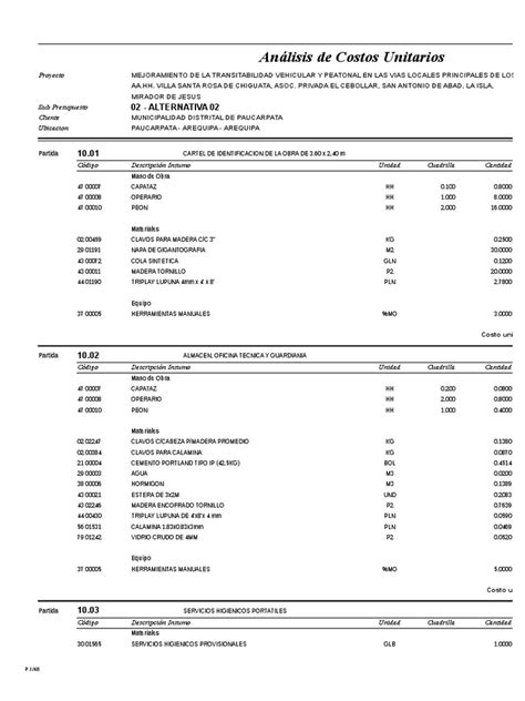 PDF 03 02 Analisis De Costos Unitarios ALTERNATIVA 02 DOKUMEN TIPS