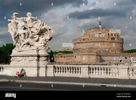 View Of A Large Sculpture On The Vittorio Emanuele Ii Bridge Across The