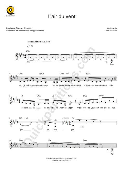 Partition Pour Instruments Solistes L Air Du Vent De Pocahontas