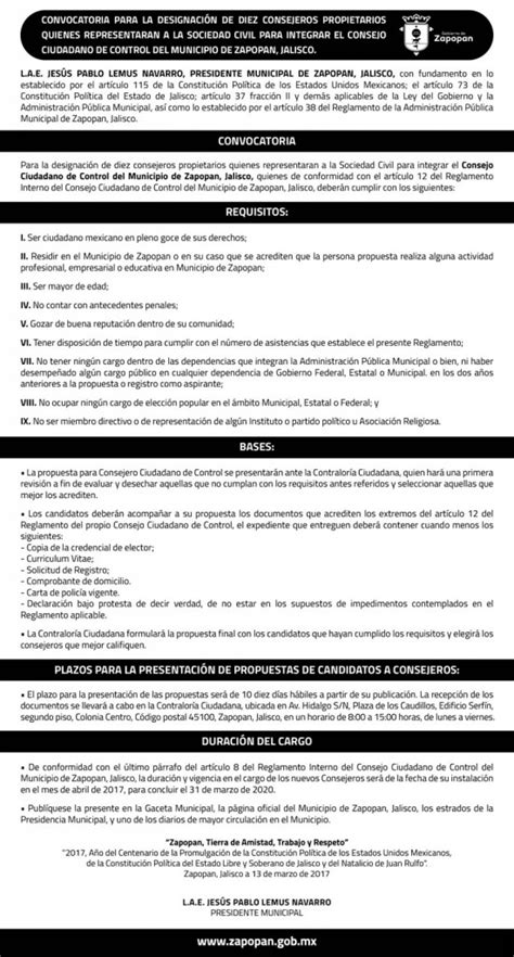 Convocatoria Consejo Ciudadano De Control Del Municipio De Zapopan