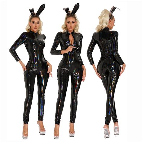 Sexy Lady Shiny Leather Catsuit Zipper Open Crotch Elastic Wetlook PU Lingerie Bodysuit Clubwear