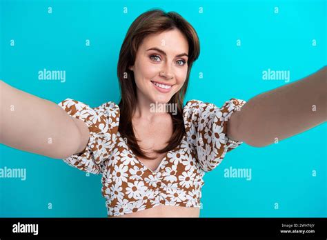 Self Portrait Of Beautiful Brunette Nice Lady Holding Camera Recording Video Blog Day In Her