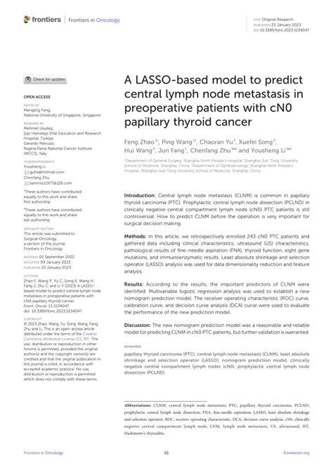 PDF A LASSO Based Model To Predict Central Lymph Node Metastasis In