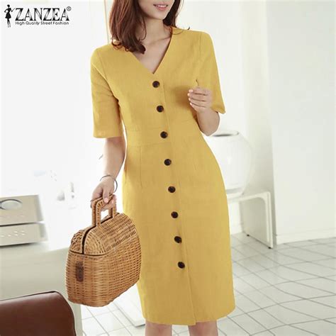 Kaufe Zanzea Damen Casual V Ausschnitt Kurzarm Sommer Slim Kleid Joom