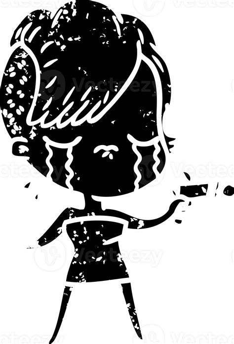 cartoon crying girl pointing ray gun distressed icon 45332479 PNG