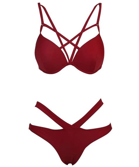 Womens Sexy Strappy Bikini Swimsuit Push Up Padded Top Bathing Suit Red CK184TXWG2O