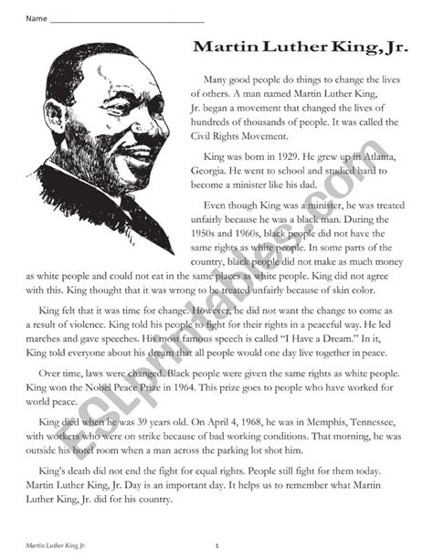 Martin Luther King Jr Esl Worksheet By Chenni0624