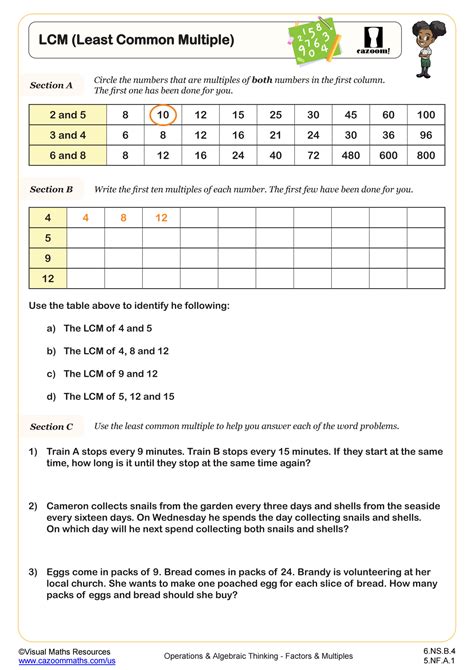 Least Common Multiple Lcm Worksheet 6th Grade Pdf Worksheets