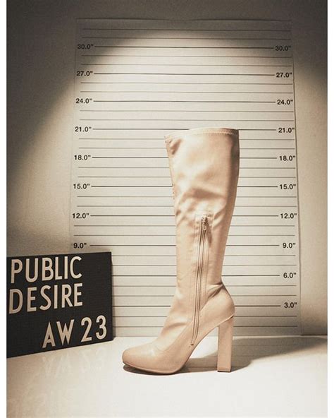 Public Desire Christina Wide Fit Nude Pu Pointed Toe Block Heel Knee High Boots In Natural Lyst UK