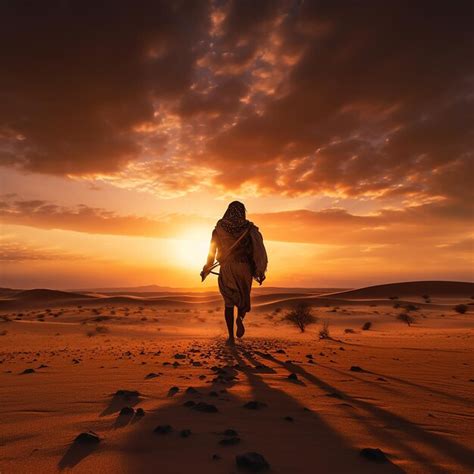 Un Hombre Camina Por El Desierto Al Atardecer Foto Premium