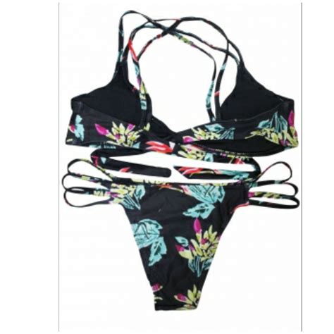 Strappy Cage Floral Print Black Bikini Swimsuit Emfed