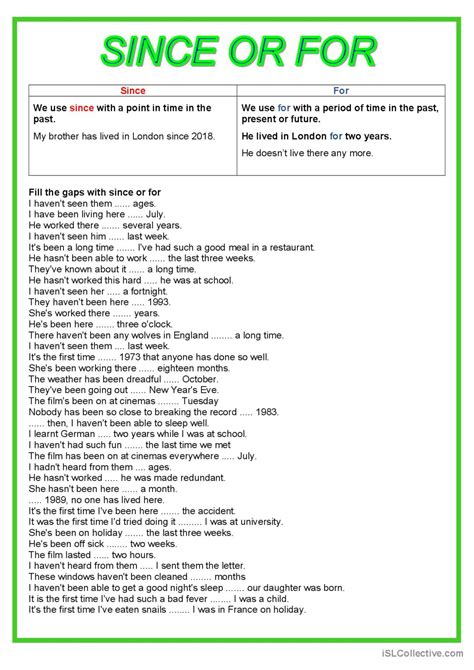 Present Perfect Since Or For Gener English Esl Worksheets Pdf And Doc