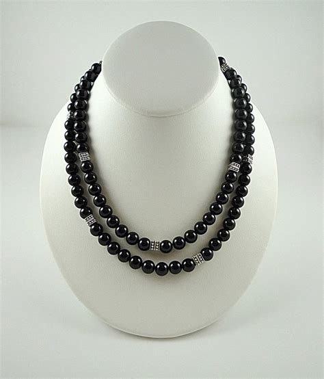 Long Black Onyx Necklace Silver Gemstone Necklace Black Bead Etsy