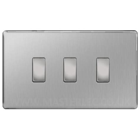 Bg Brushed Steel Screwless Flat Plate 3 Gang Intermediate Light Switch — Masterlec