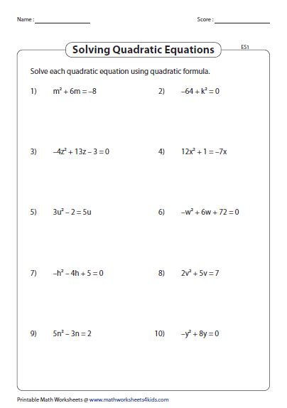 Quadratic Formula Practice Worksheet