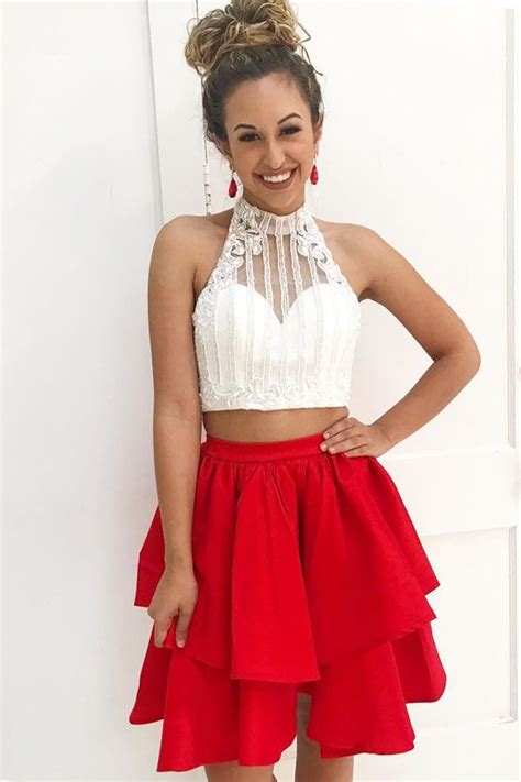 Two Piece High Neck Short Red Satin Homecoming Dress With Beading Pd164