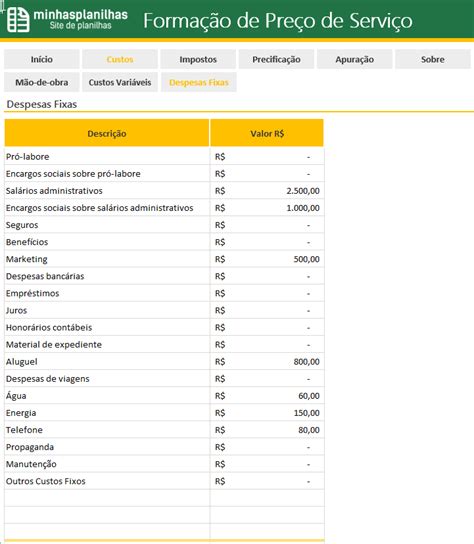 Planilha Forma O De Pre Os De Servi Os Em Excel Minhas Planilhas