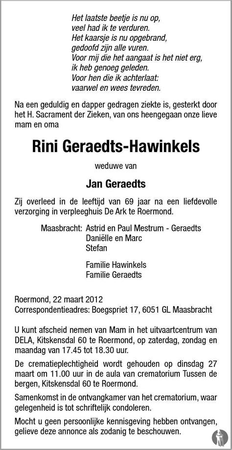 Rini Geraedts Hawinkels 22 03 2012 Overlijdensbericht En Condoleances