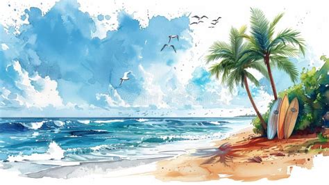 Summer Themed Watercolor Art Of A Beach Scene With Surfboards By A Palm