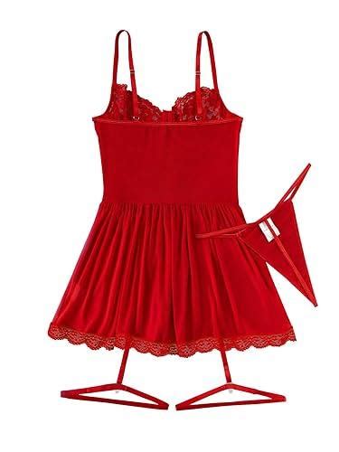 Lilosy Sexy Garter Belt Mesh Lace Babydoll Lingerie Dress Set with Thong Tipo de tamaño