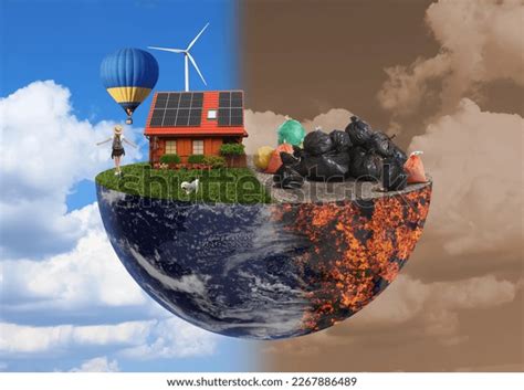 Environmental Pollution Collage Divided Into Clean Stock Photo