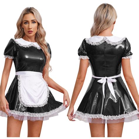 Us Womens Servant Dress A Line Uniform Shiny French Maid Costume Ruffle Cosplay Ebay